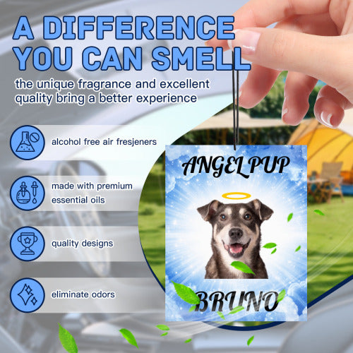 Air freshener with a dog design and text about product features.