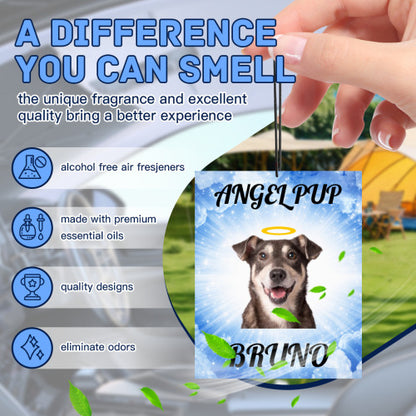 Air freshener with a dog design and text about product features.