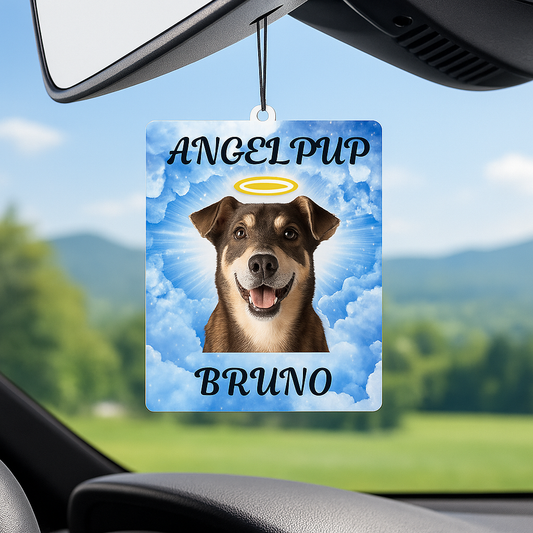 Custom pet memorial car air freshener with dog's photo and angel halo design
